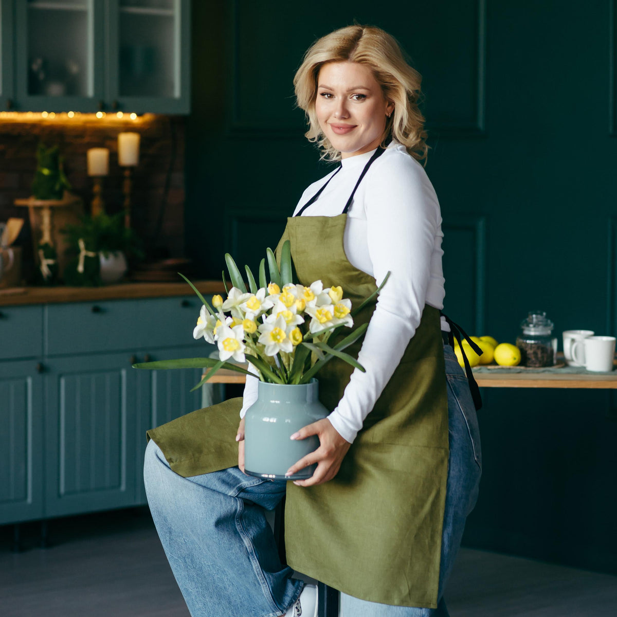 Linen split leg apron in teal, front view