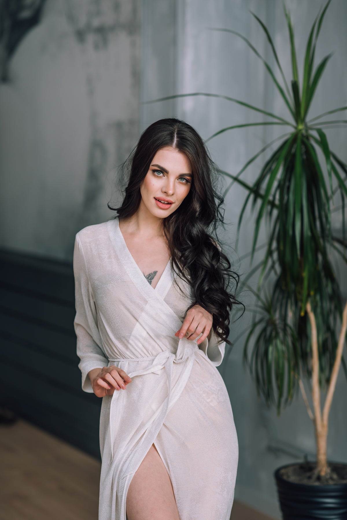 Long ivory chiffon bridal robe, styled on model