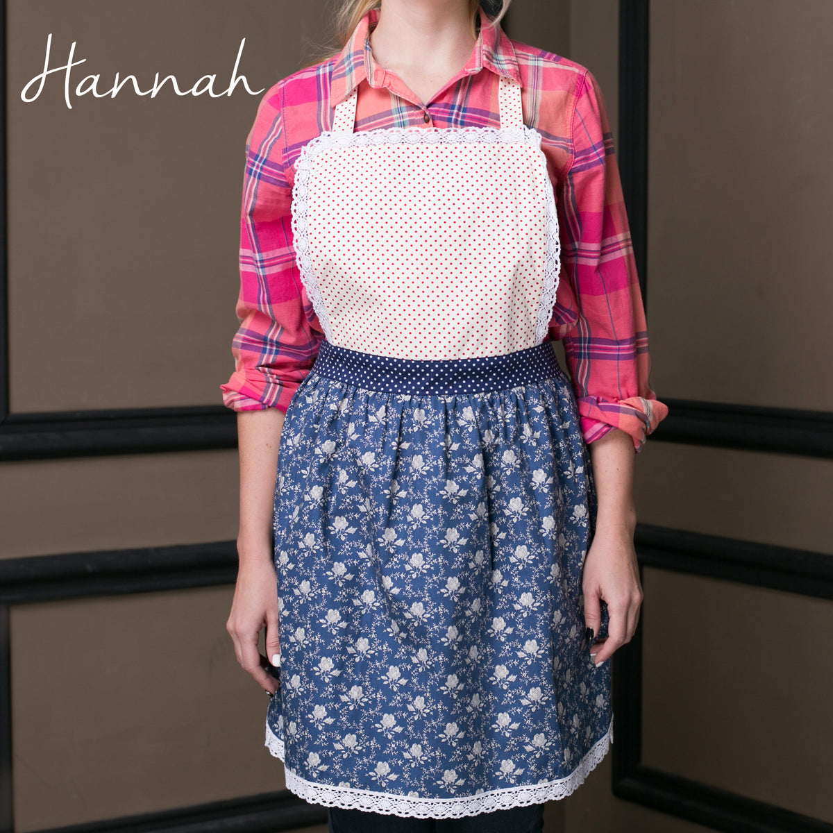 Hannah design lace apron for women in blue and red