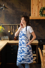 Coastal kitchen apron in blue polka dot cotton