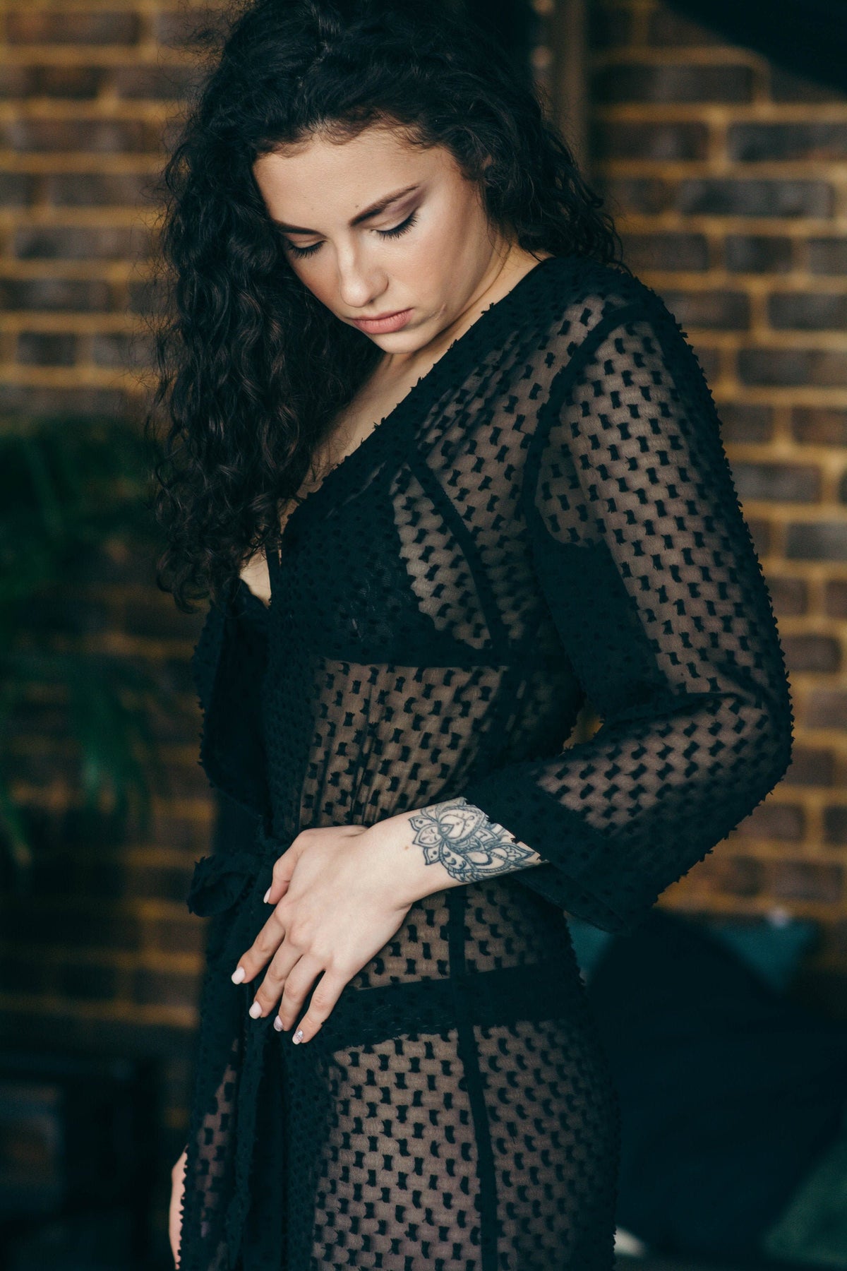 Black sheer kimono robe, front view