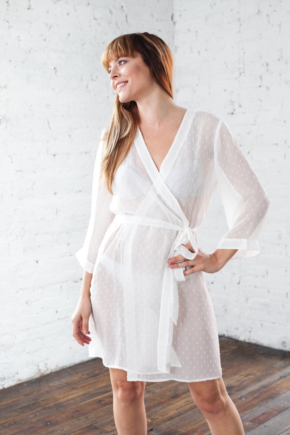 Sheer kimono robe worn open, showing the drape