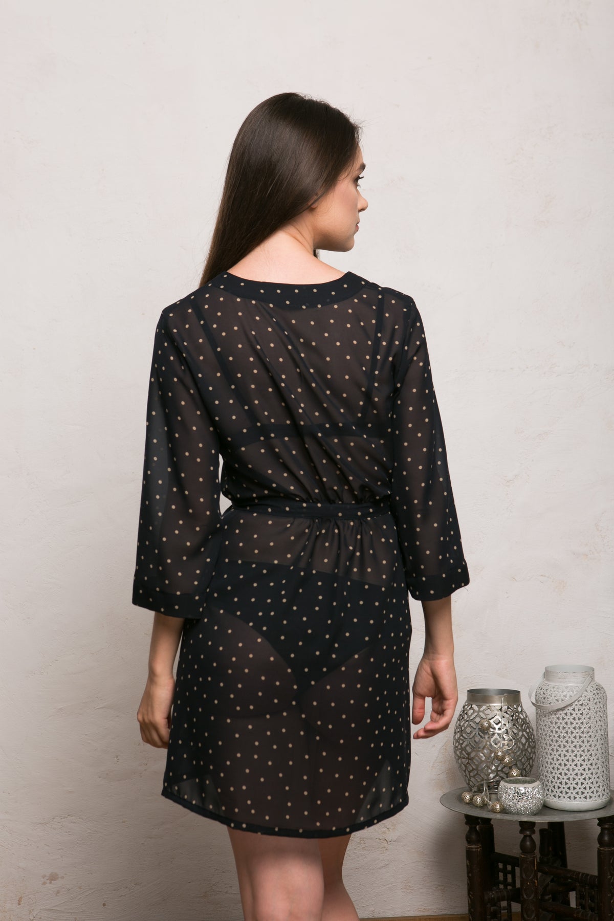 Black sheer polka dot kimono robe, sleeve detail