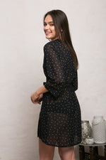 Black sheer polka dot kimono robe, styled on model