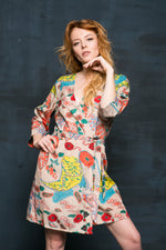 Short floral kimono robe worn for getting ready photographs