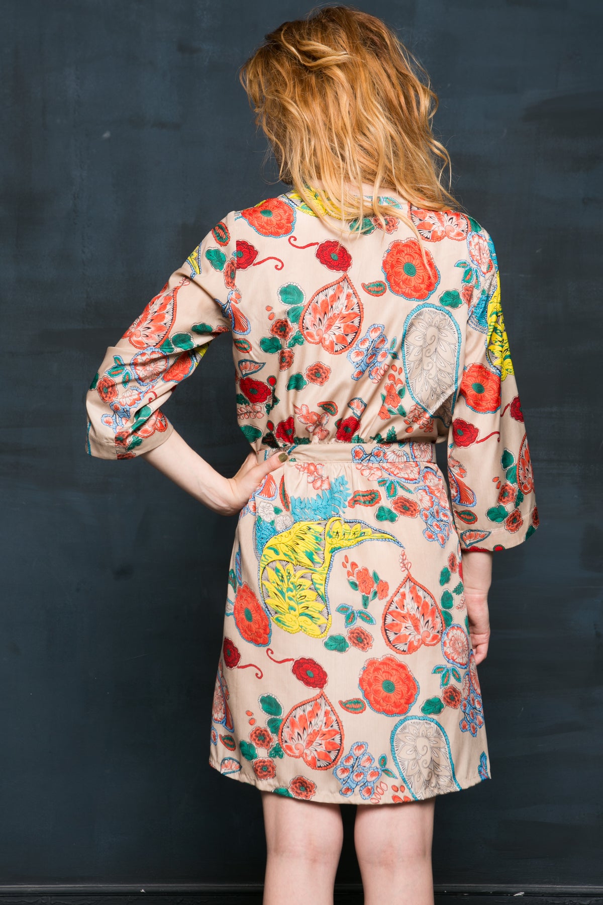 Short floral kimono robe, full length view