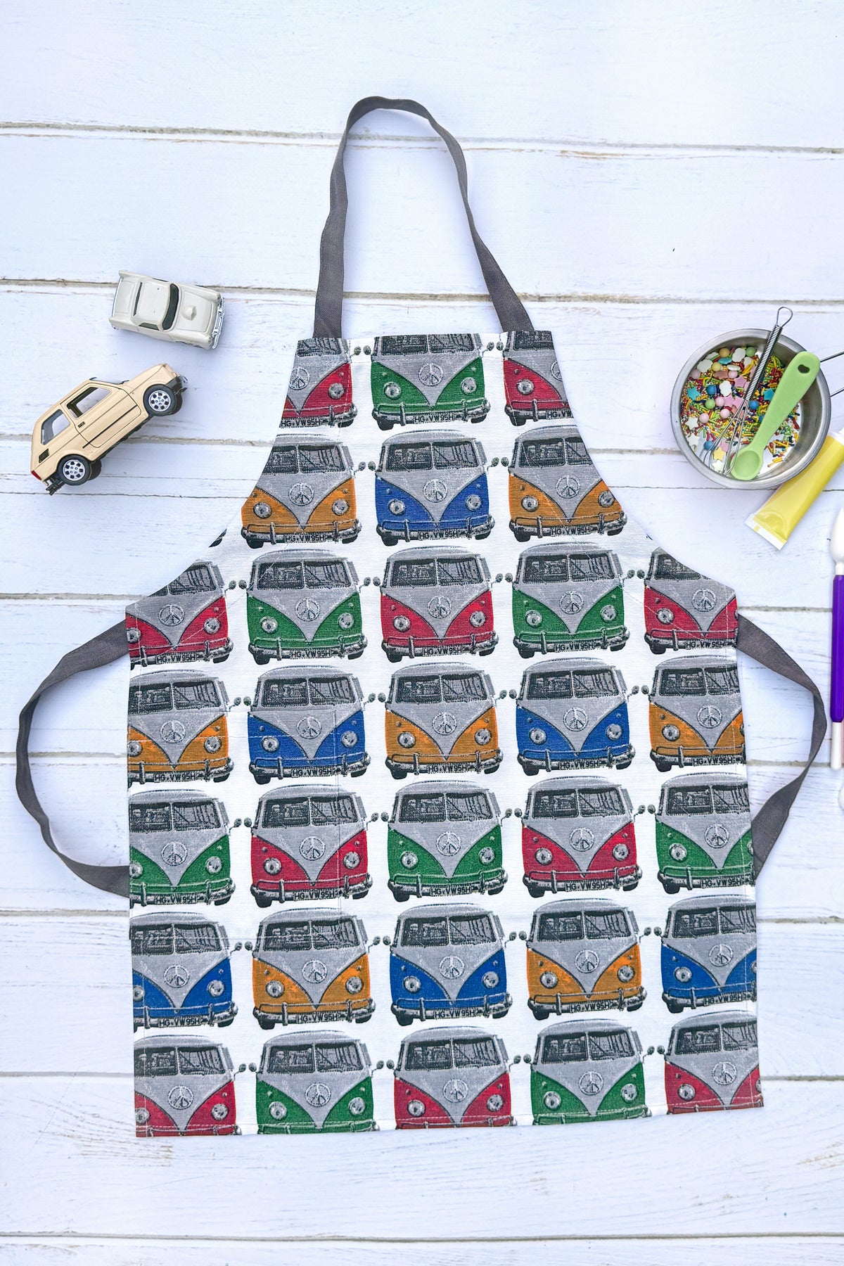 Camper van print kids apron for boys, cotton canvas