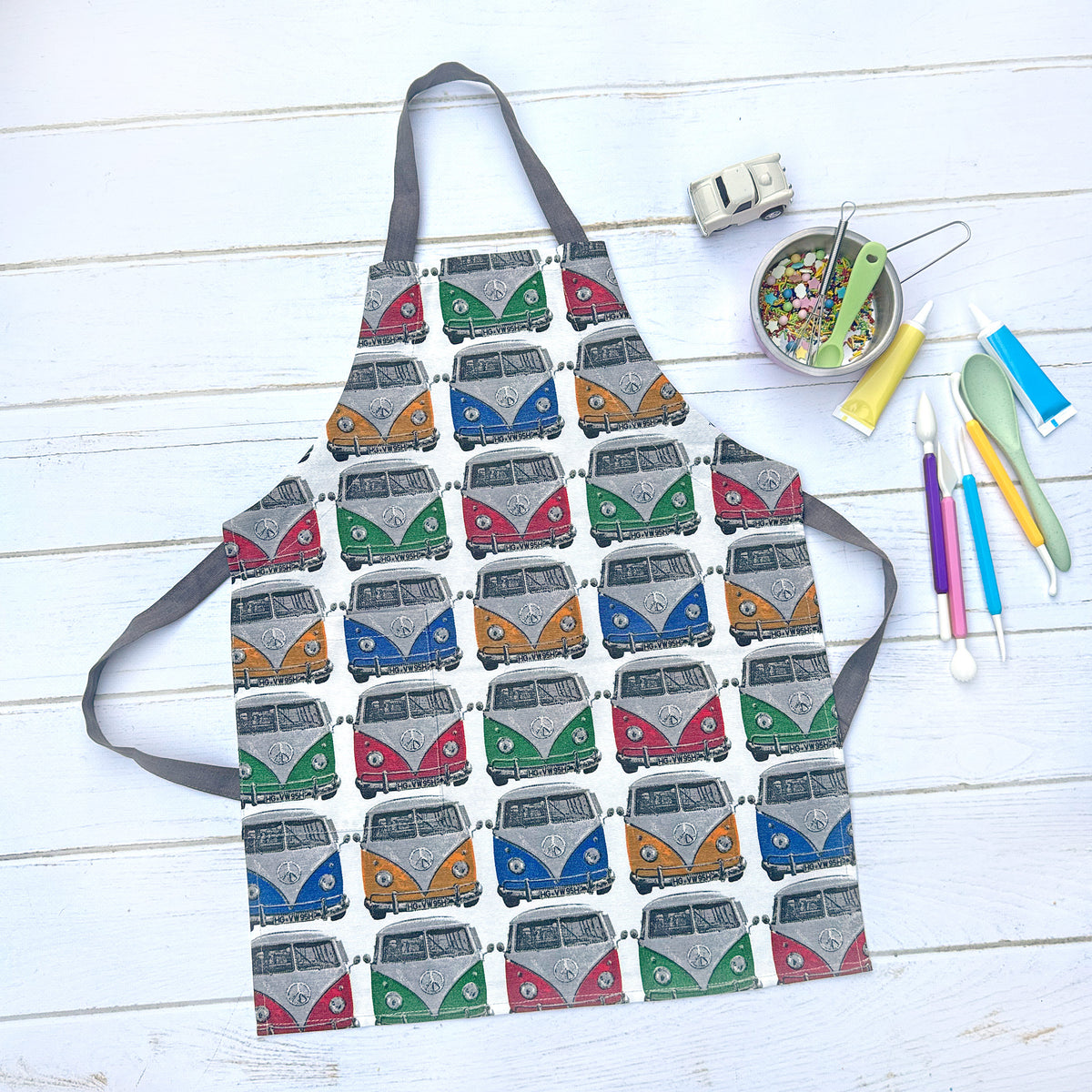 Camper van print kids apron, full length view