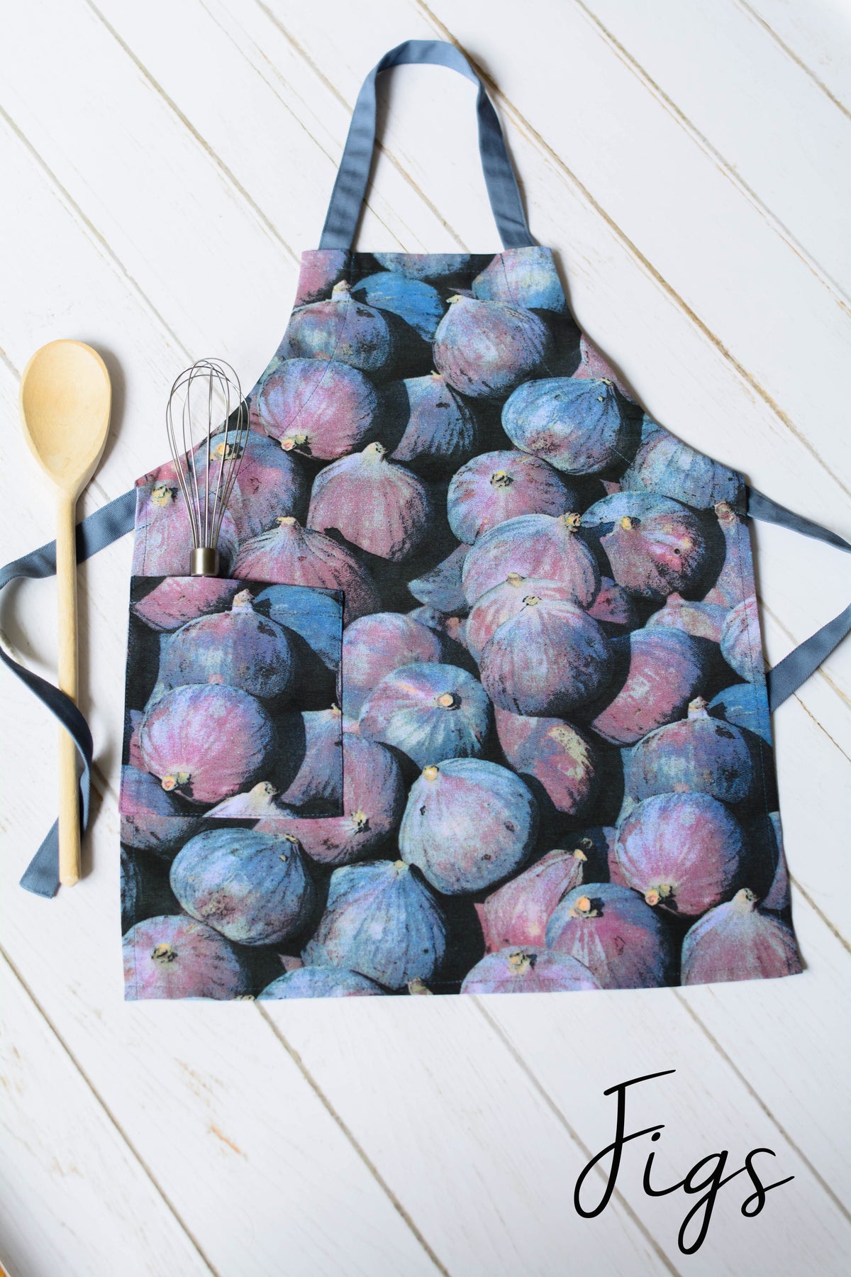 Purple fig print kids apron, front view