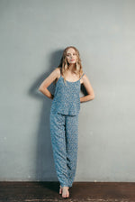 Blue viscose pyjama set, cami top and loose trousers