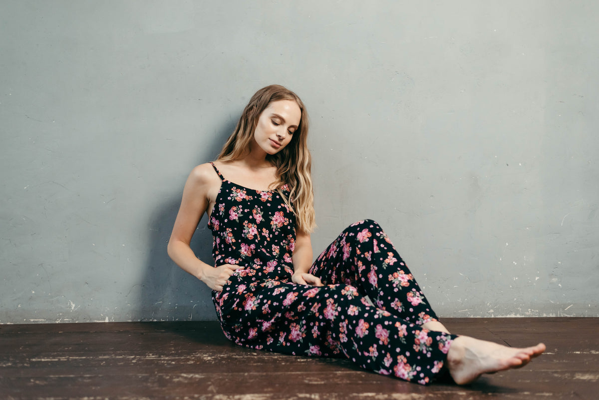 Floral viscose pyjama trousers, elasticated waist
