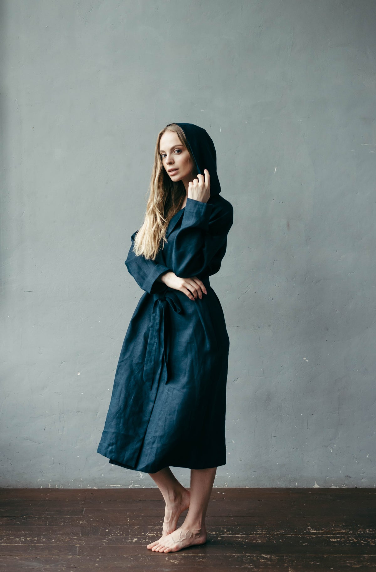 Hooded linen robe for women, front view