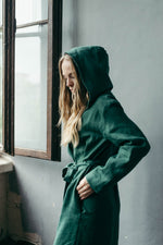 Women's linen robe with hood, hood up