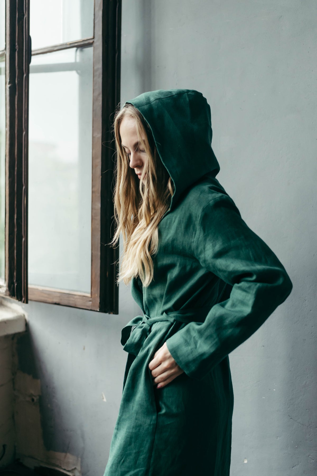 Women's linen robe with hood, hood up
