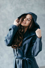 Natural linen dressing gown with hood for women