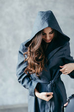 Hooded linen robe for women, styled on model
