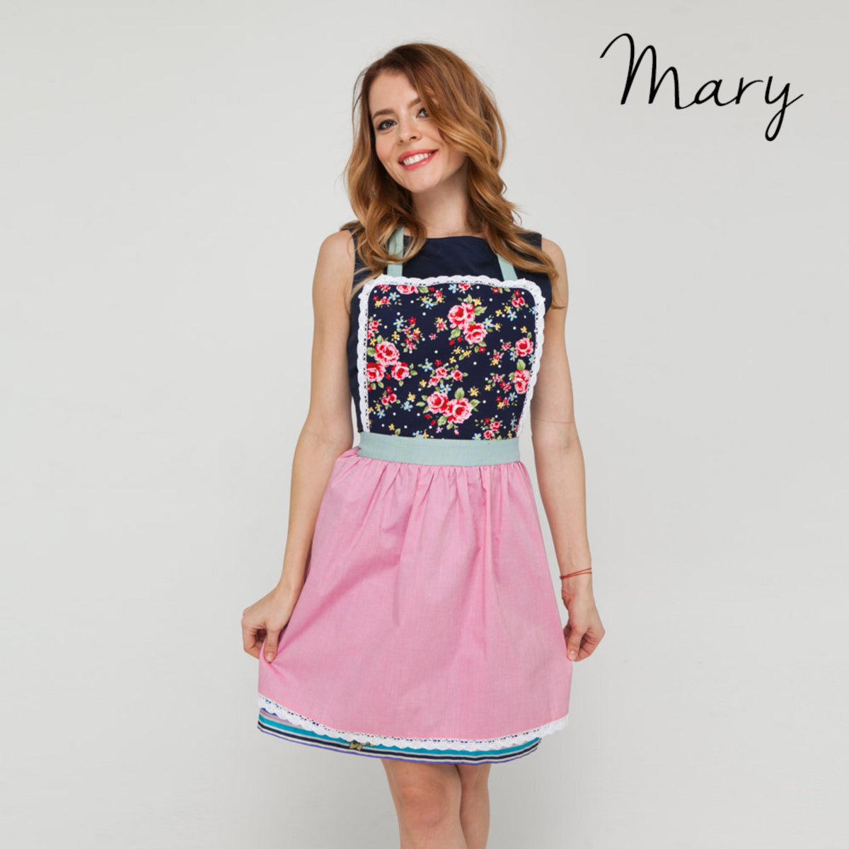 Mary design womens lace apron in pink