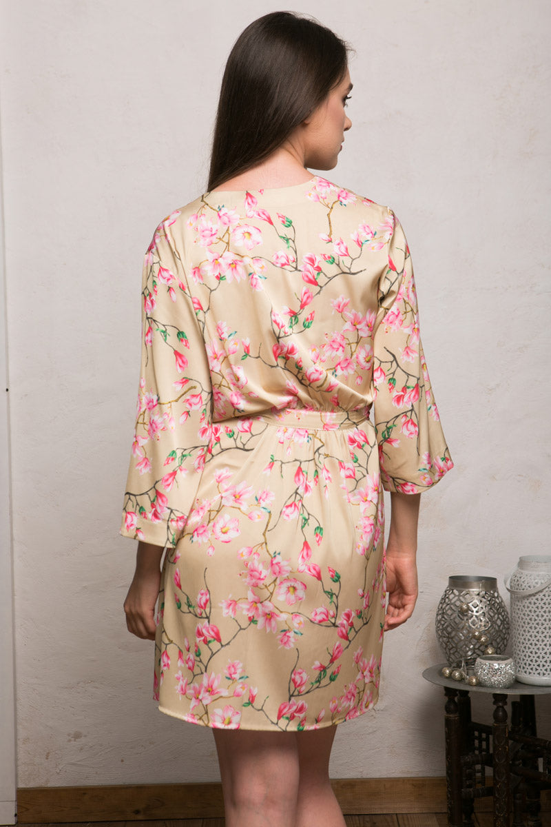 Floral satin robe, collar and wrap detail