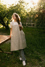 Checked linen pinafore apron, cross back straps