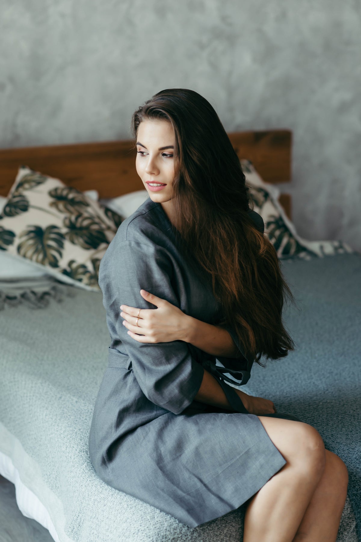 Grey linen kimono robe for women