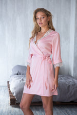 Pink satin bridal robe, lace dressing gown