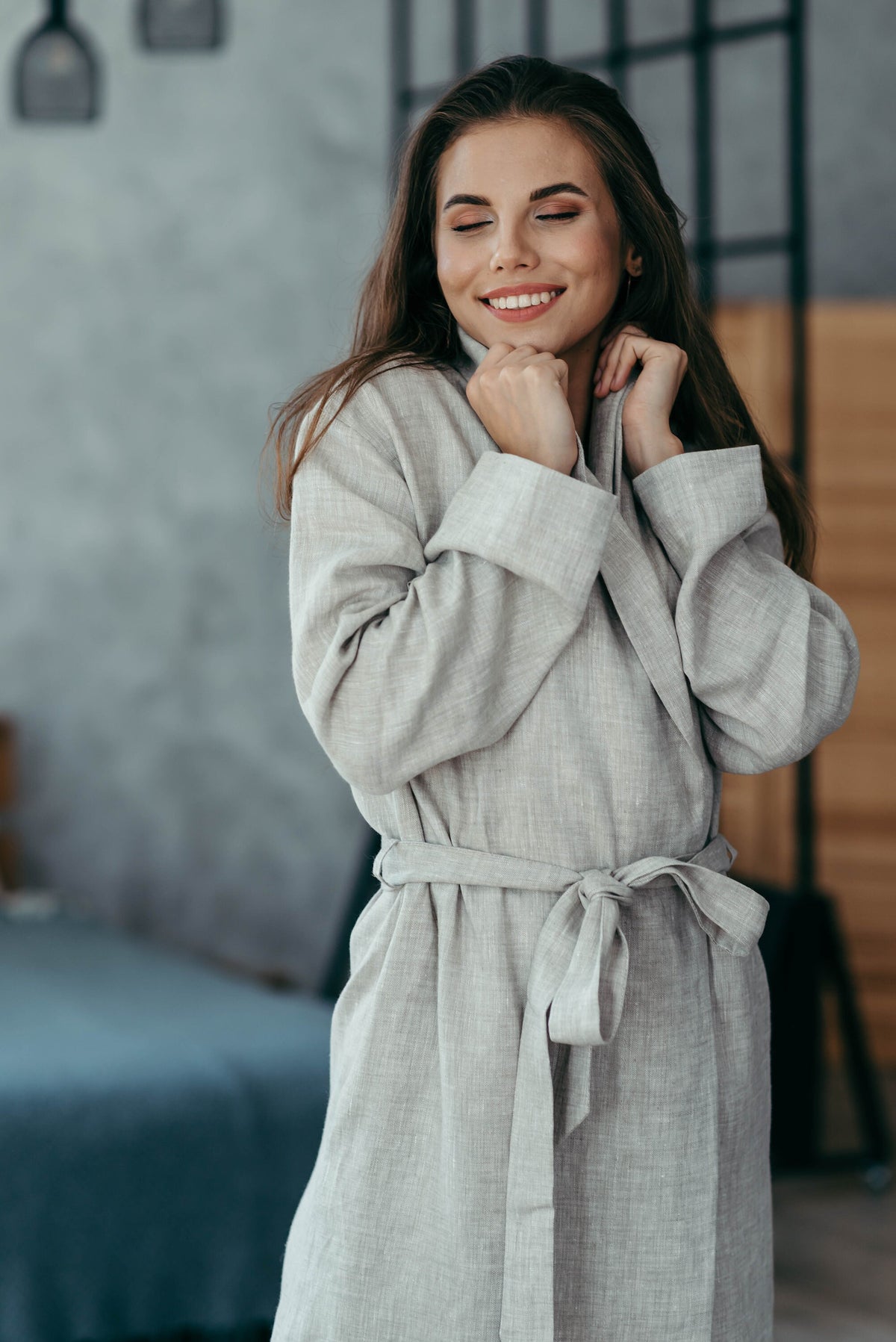 Womens linen robe grey, full length style