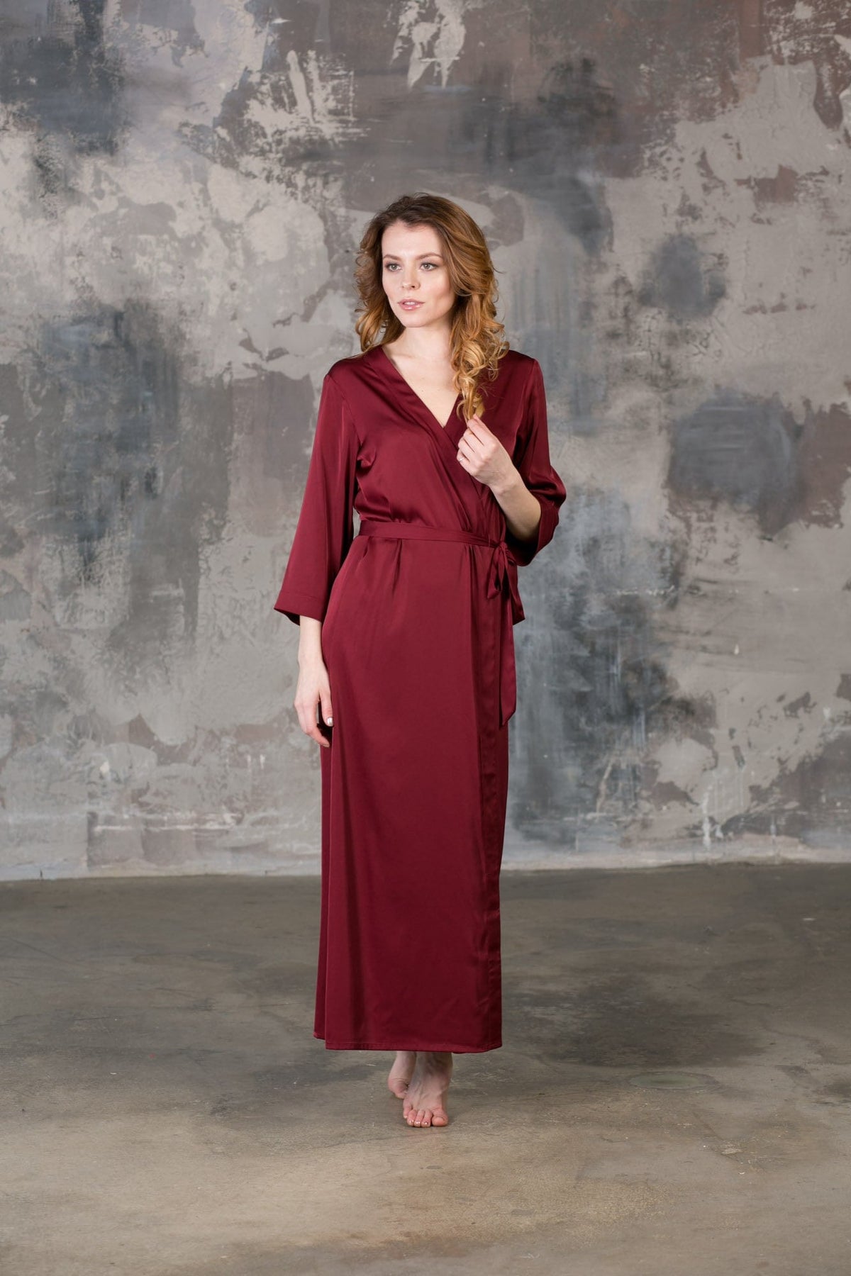 Long satin robe, burgundy bridal dressing gown