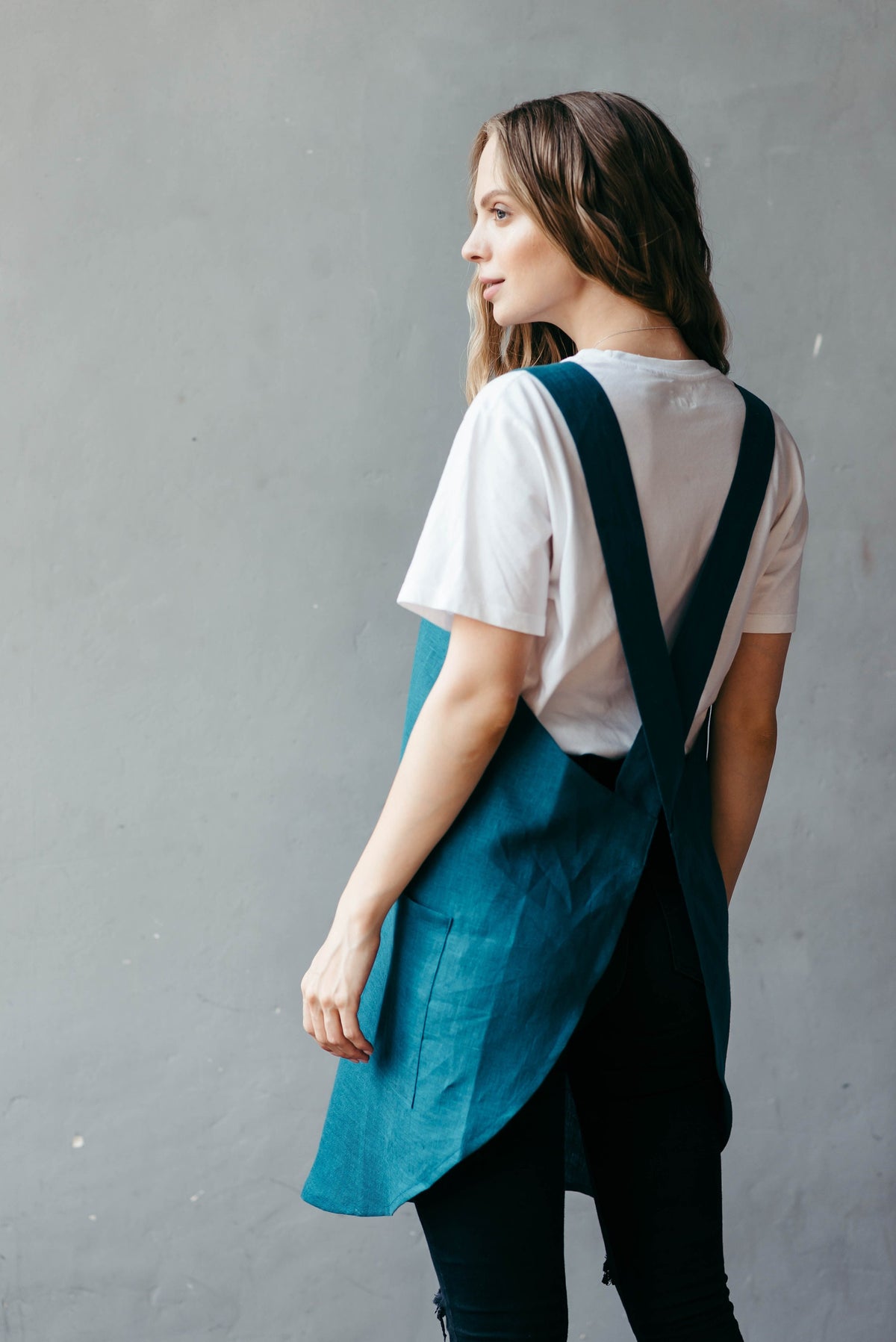 Linen apron colour range, swatches shown