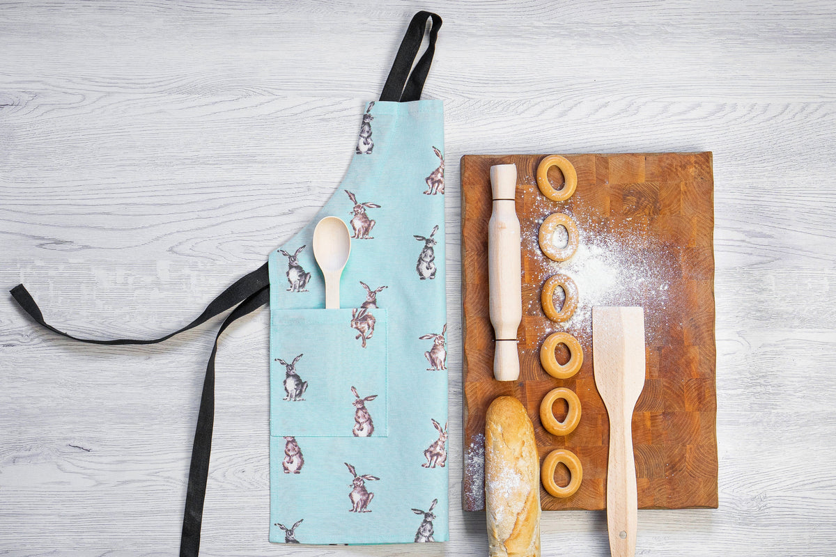 Bunny print kids apron, full length view