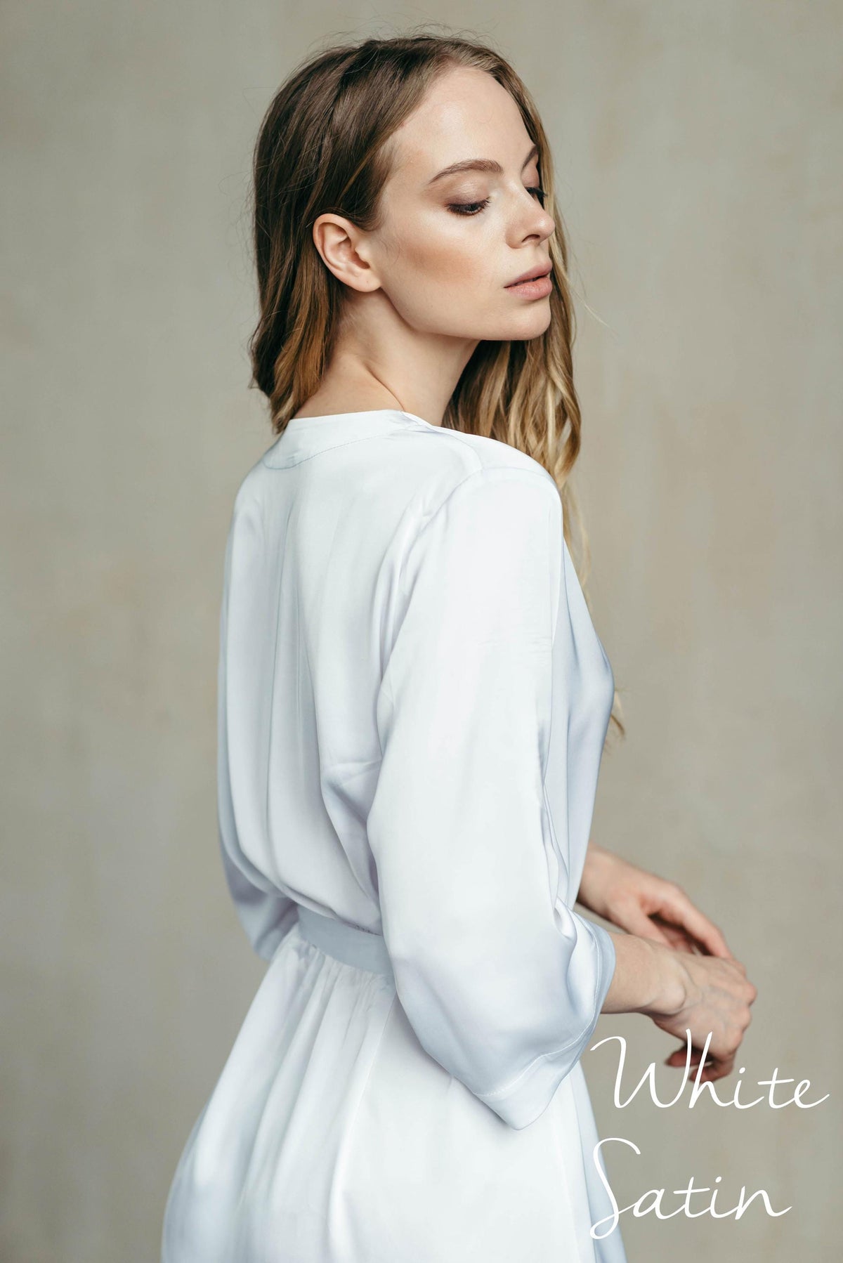 Silky bridal robe, beige kimono style