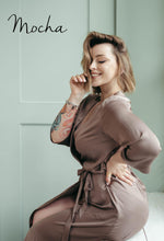 Silky wedding robe, full length view beige