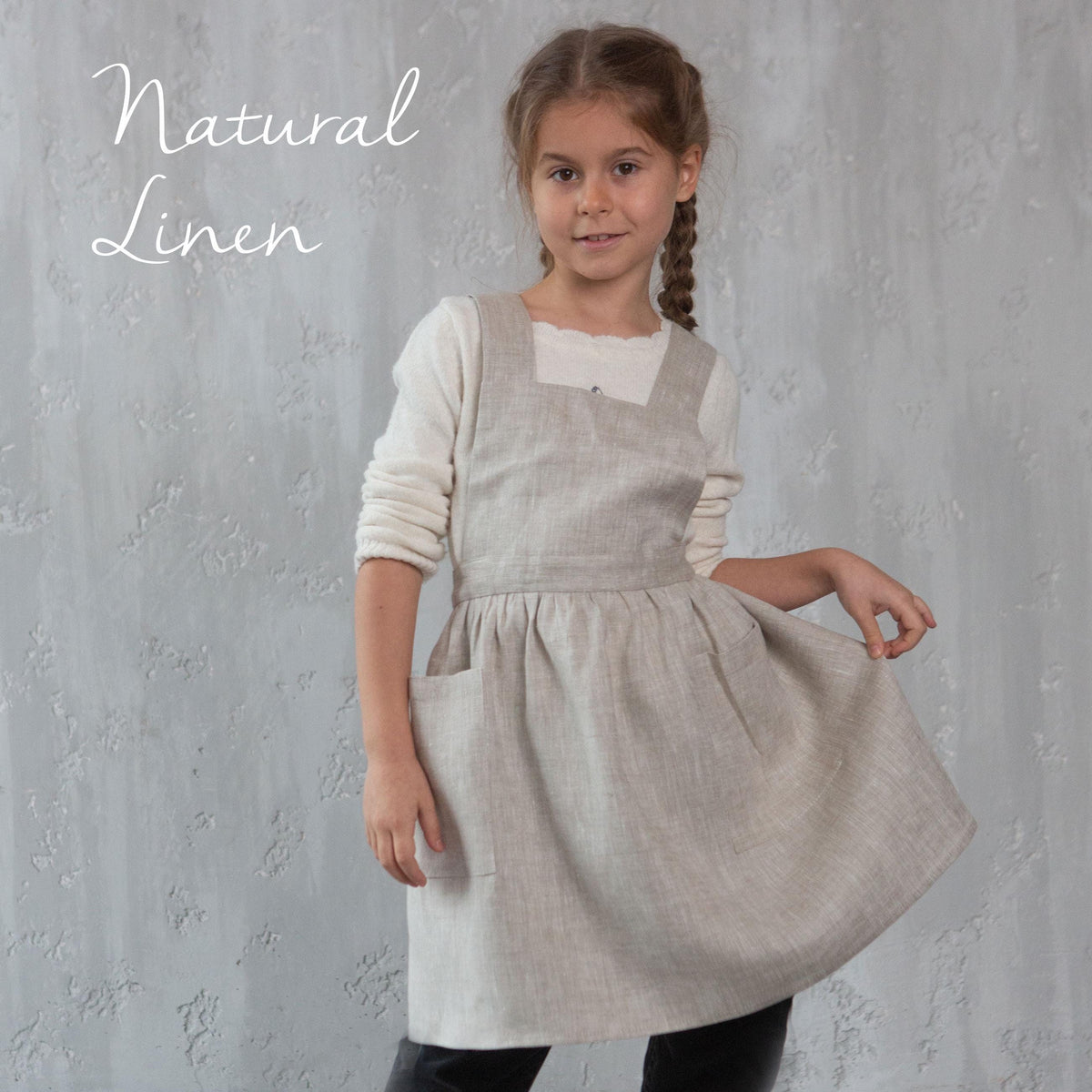 Apron with pockets, gray linen fabric