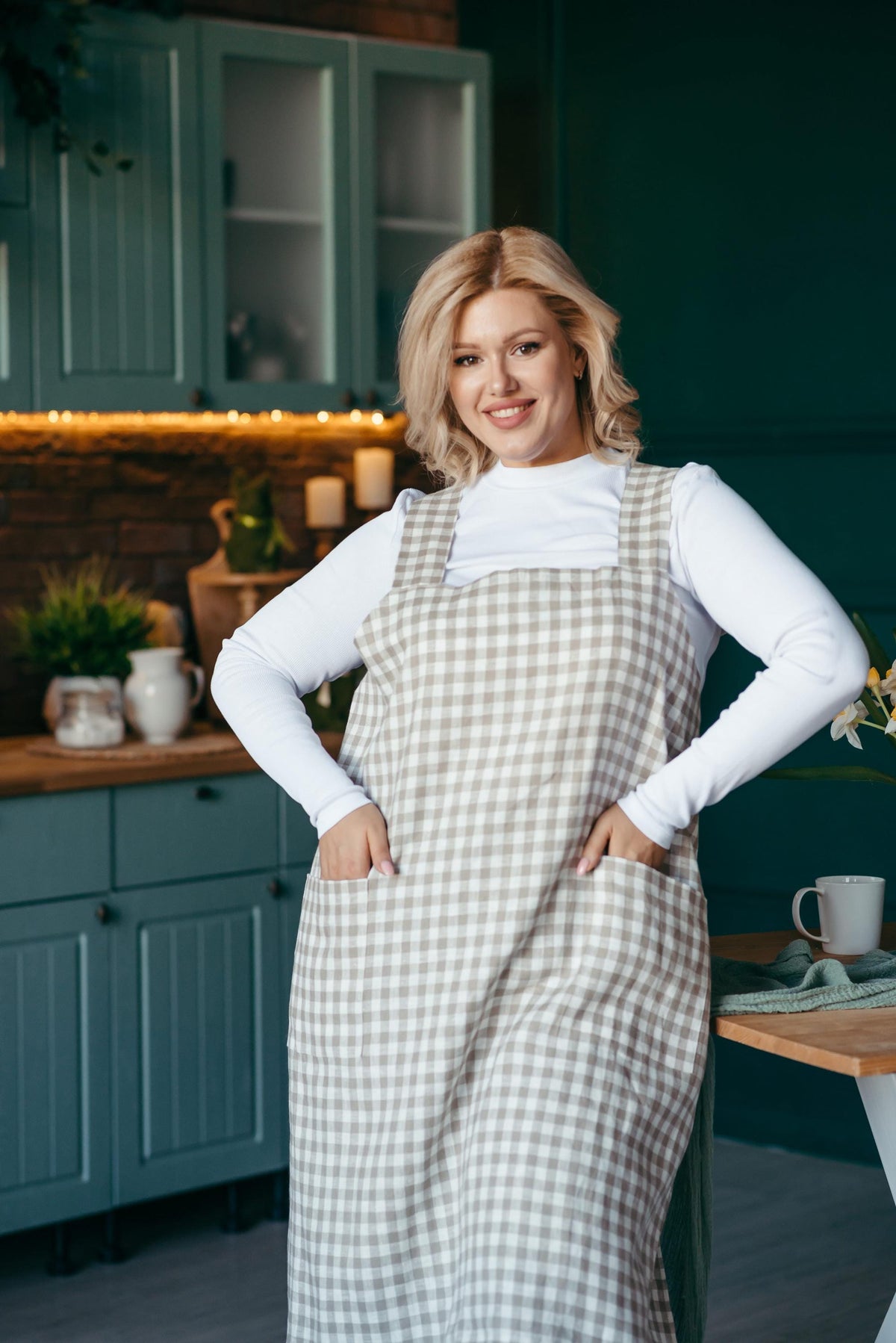 Linen pinafore apron for women, ochre shade