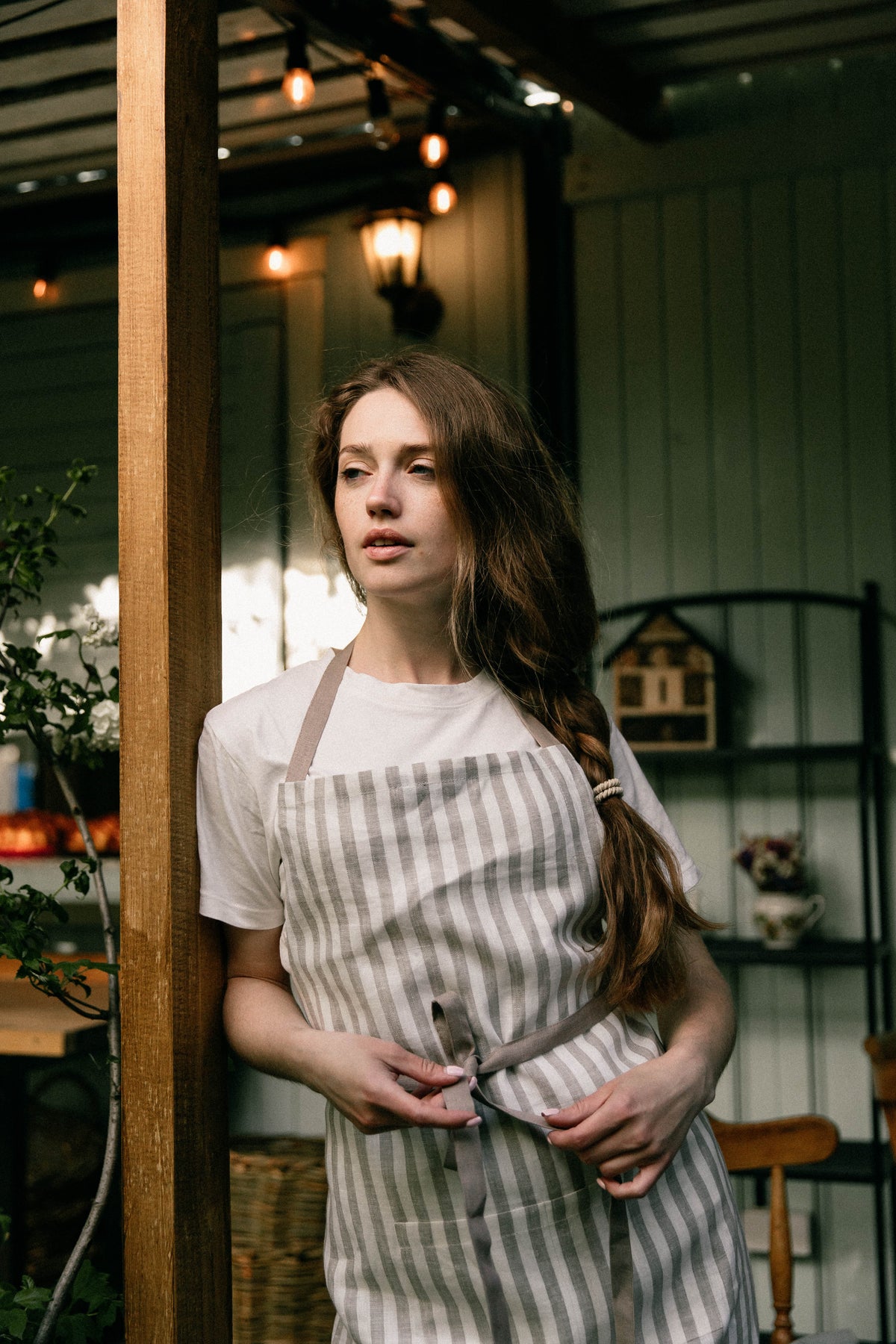 Limited edition linen apron in taupe stripe, front view