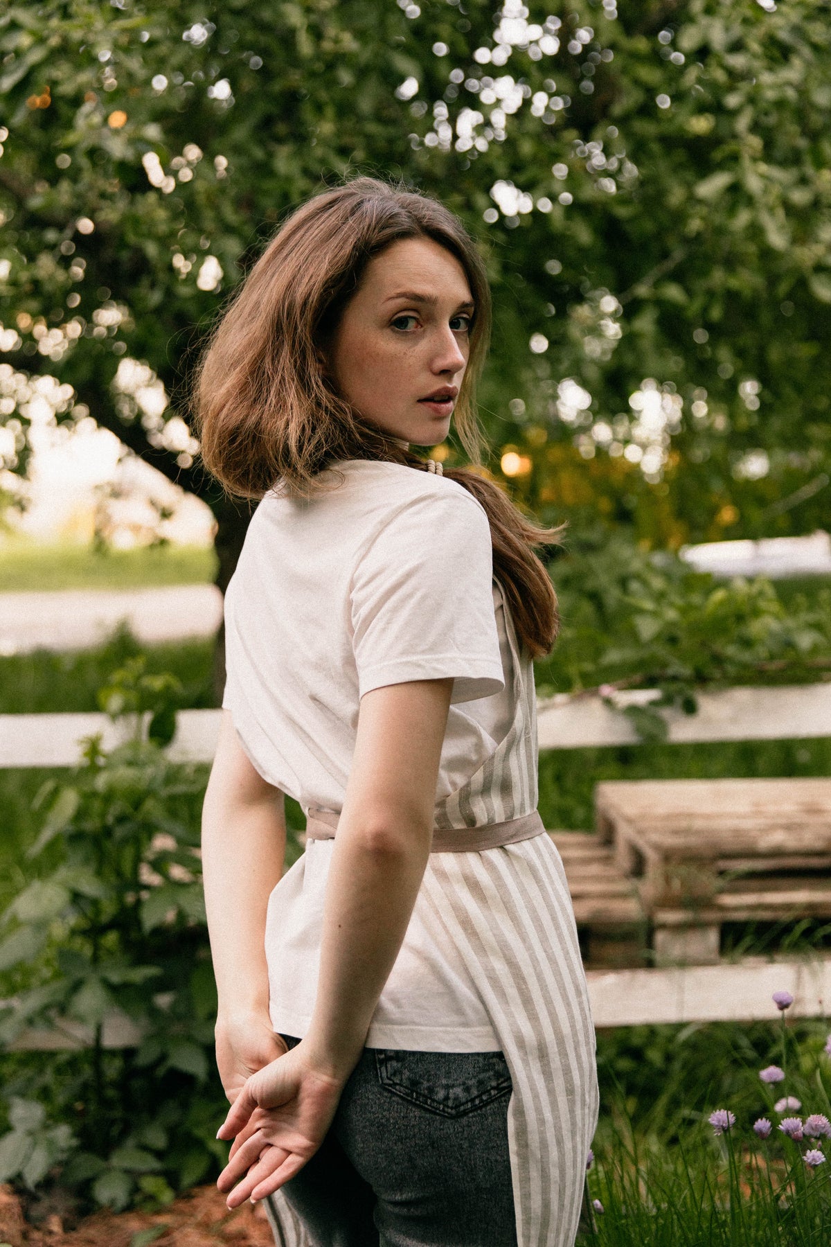 Taupe stripe linen apron, double front pocket detail