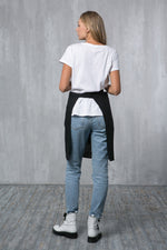 Black linen half apron, pocket and waist tie detail