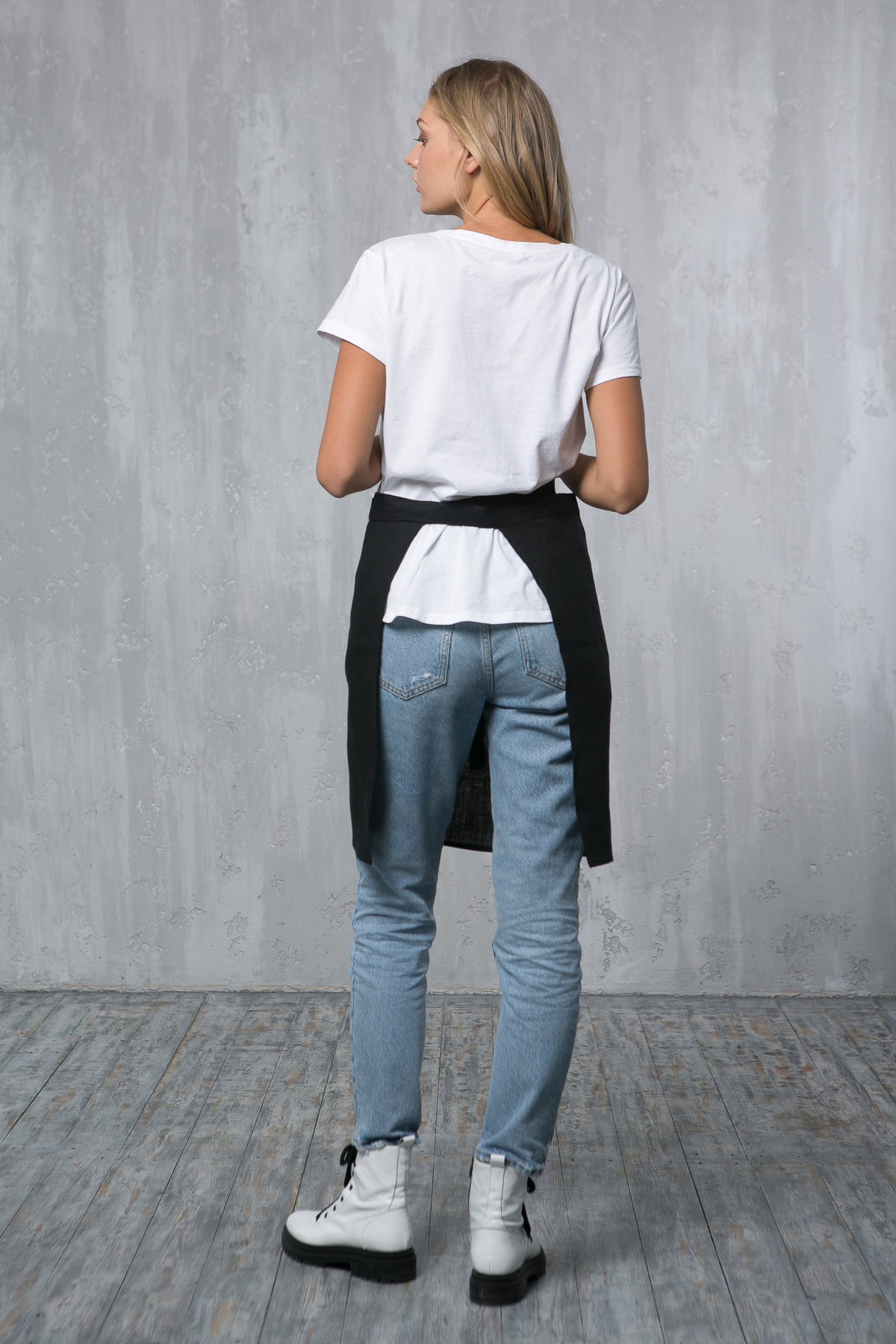 Black linen half apron, pocket and waist tie detail
