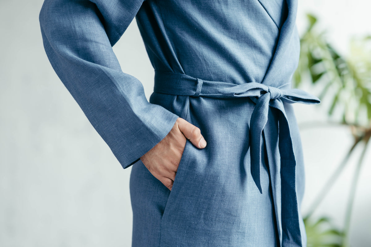 Hooded linen robe, back view showing the hood and length