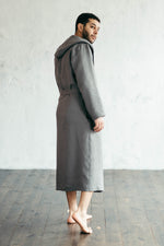 Men's hooded linen dressing gown, relaxed fit