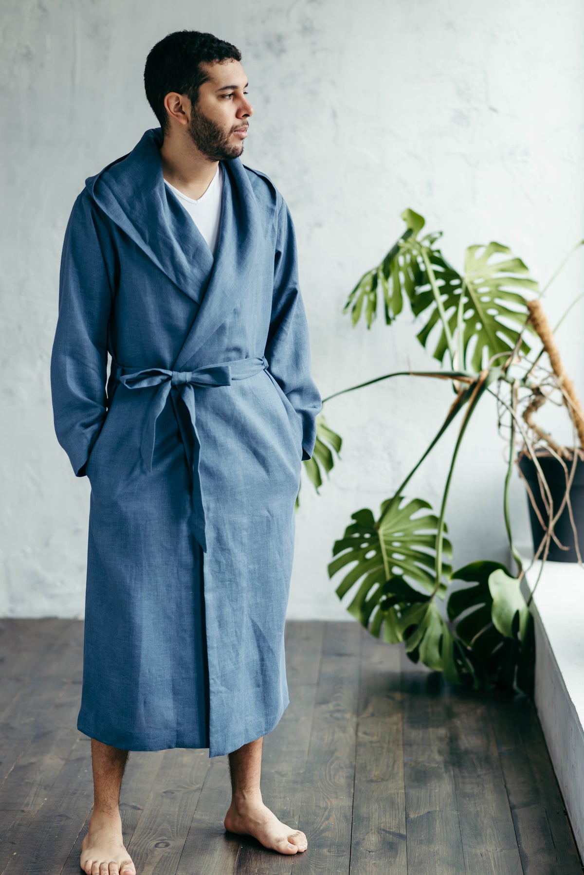 Hooded linen robe for men, side view showing the hood