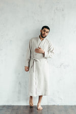 Men's linen bathrobe, pocket detail