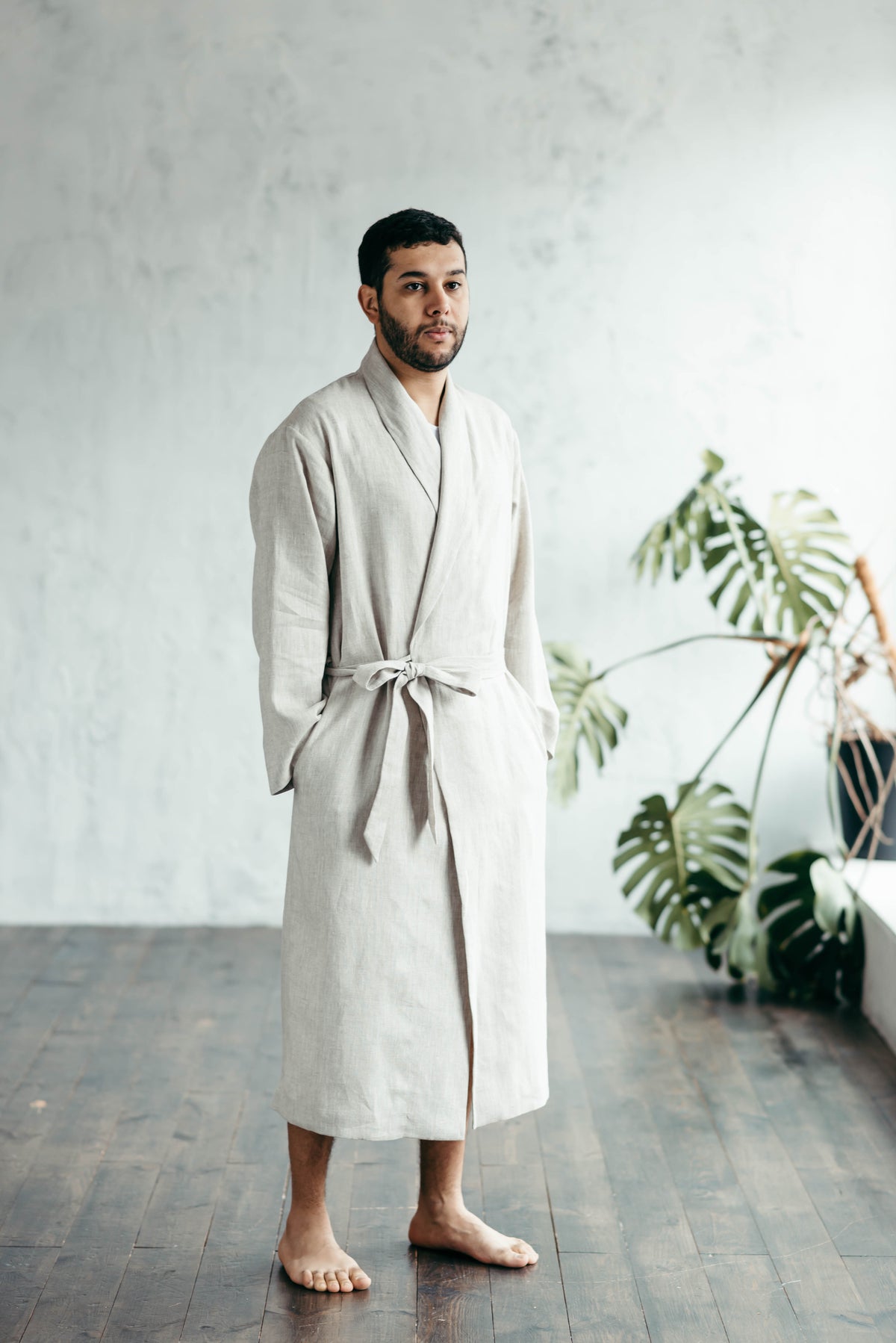 Men's linen robe, sleeve and cuff detail
