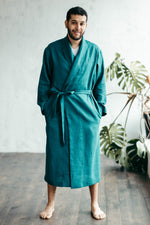 Men's linen bathrobe, three quarter view