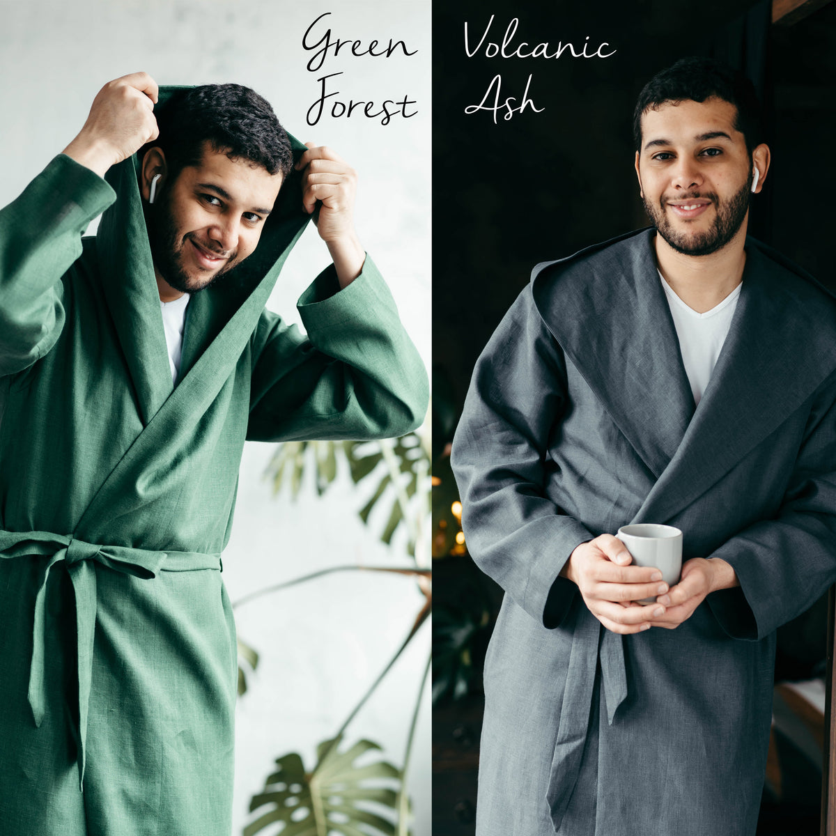 Men's linen robe with hood, full length front view