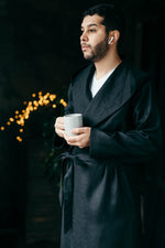 Natural linen hooded dressing gown, a gift for a boyfriend or husband