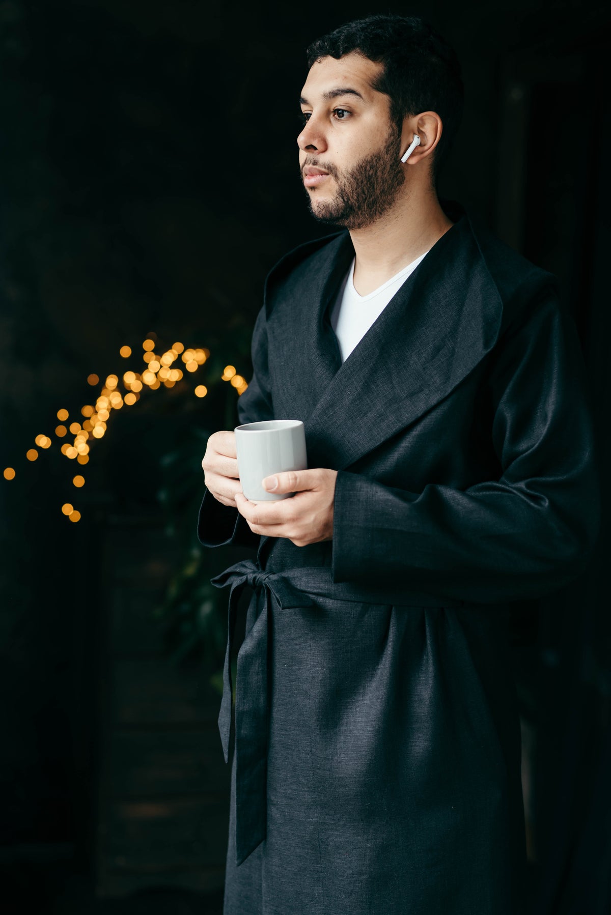 Natural linen hooded dressing gown, a gift for a boyfriend or husband