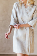 Natural linen kimono robe worn open