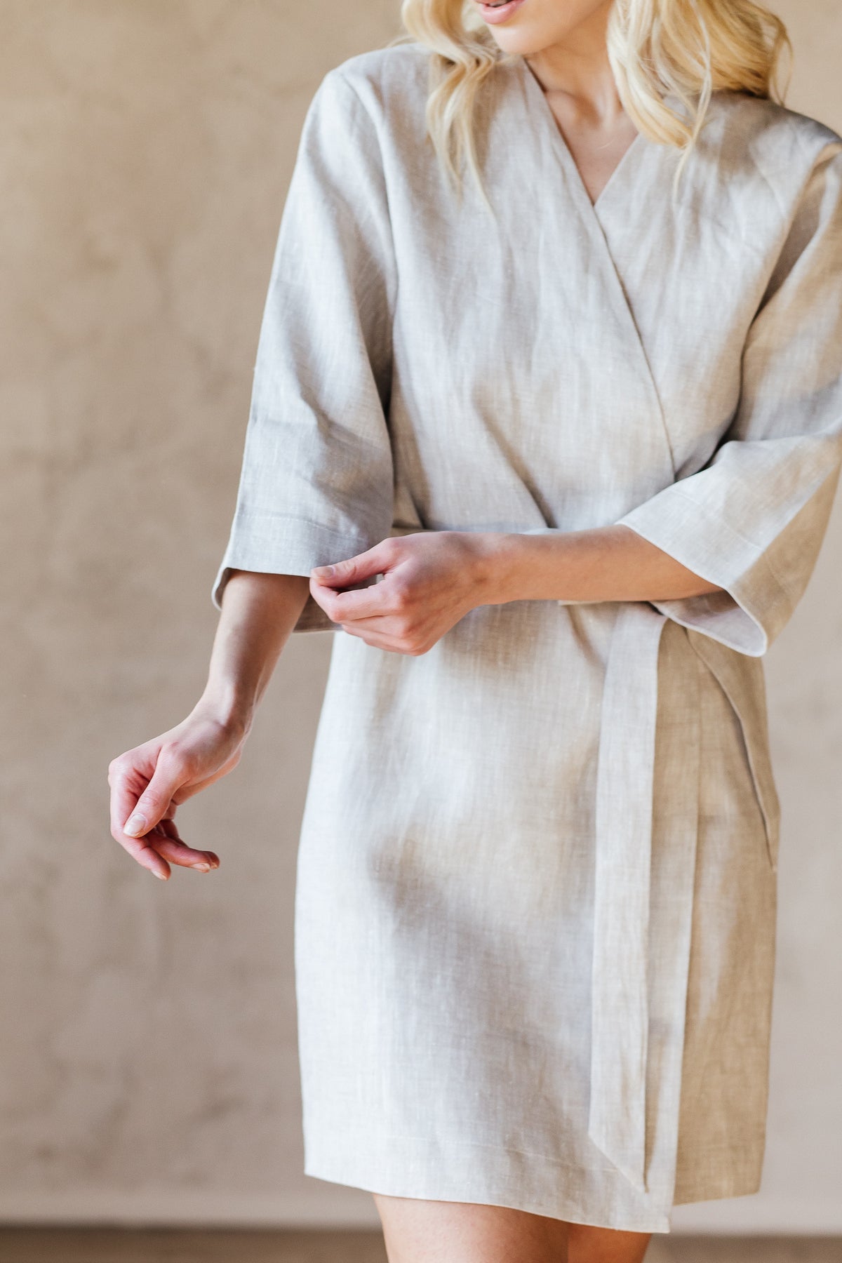 Natural linen kimono robe worn open