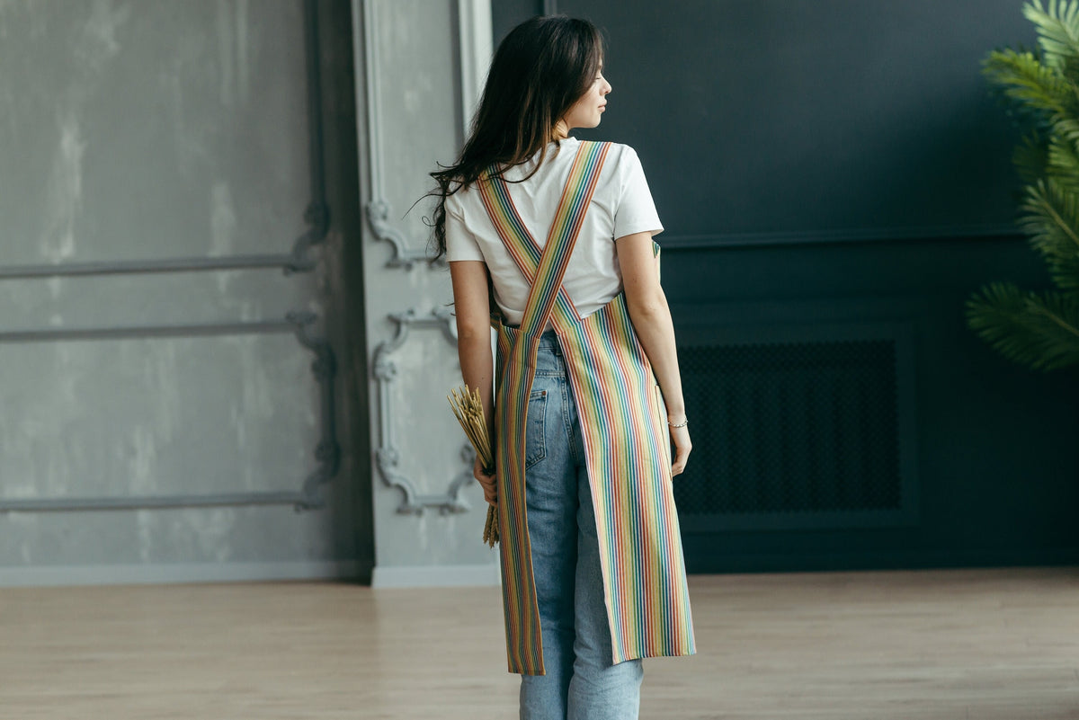 Rainbow print linen cross back apron