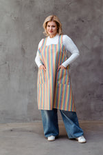 Rainbow stripe linen pinafore apron, woven stripe detail